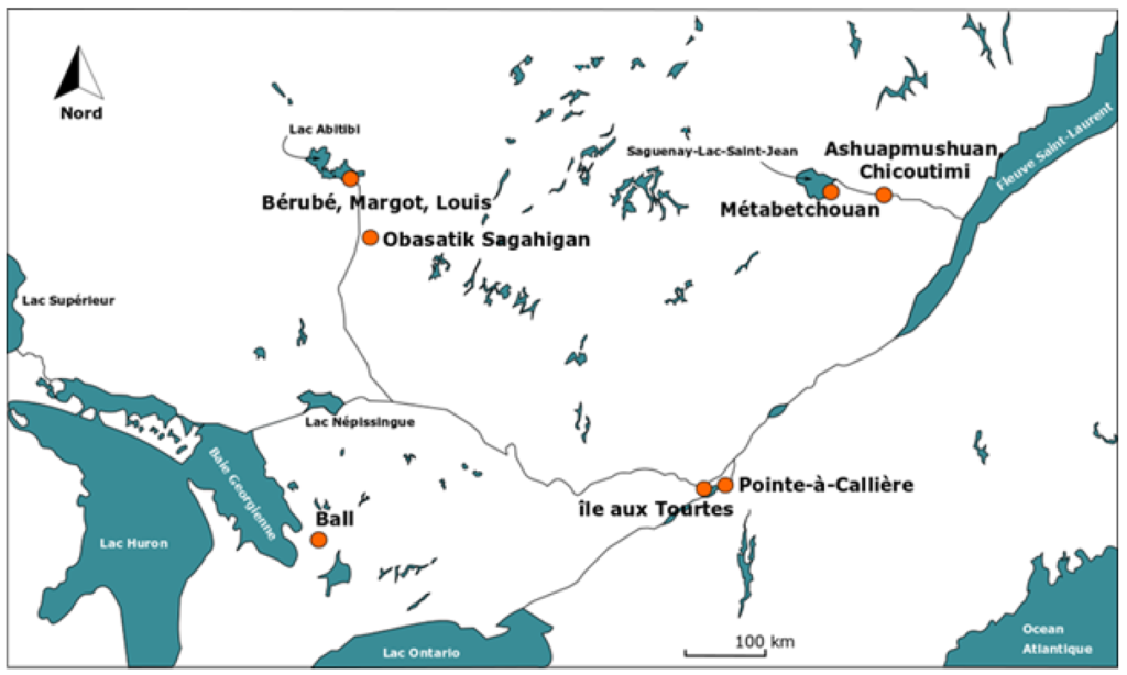 Carte du sud du Québec avec des points représant des sites où des perles de verre ont été trouvées.